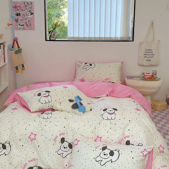 91家纺网 家纺一手货源 找家纺 （买家秀爆款花型长期款不断货）A类母婴级13372纯棉四件套40支全棉四件套学生三件套宿舍萌趣卡通 布丁狗