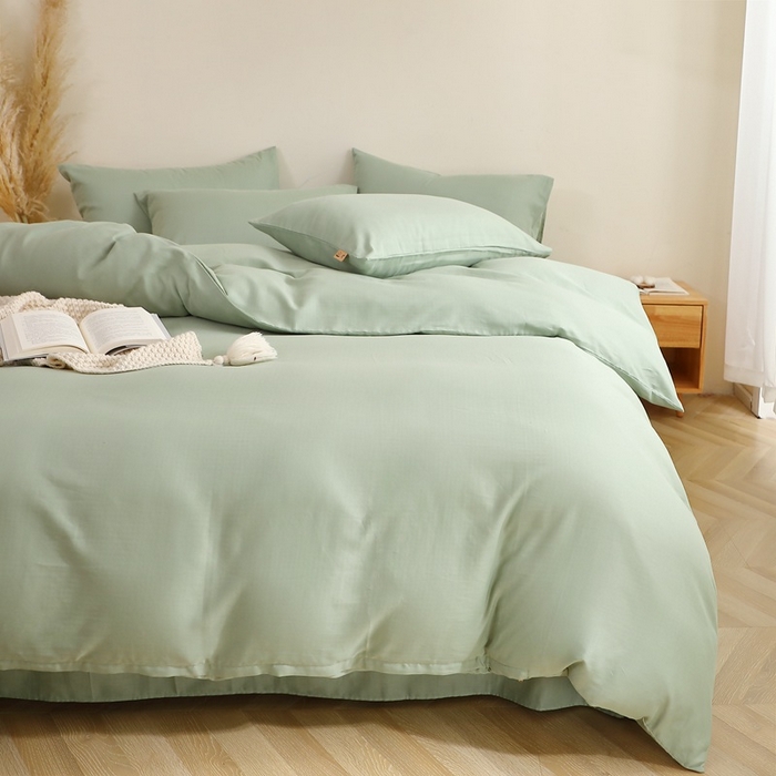 91家纺网 家纺一手货源 找家纺 晶缦家纺 2025新款纯棉纯色全棉双层纱四件套 觅琳-嫩荷绿