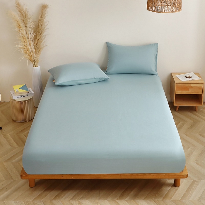 91家纺网 家纺一手货源 找家纺 晶缦家纺 2025新款纯棉纯色全棉双层纱系列单床笠 觅琳-桃青蓝