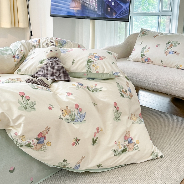 91家纺网 家纺一手货源 找家纺 （买家秀爆款花型长期款不断货）A类母婴级13372纯棉四件套40支全棉四件套学生三件套宿舍萌趣卡通 逃家小兔