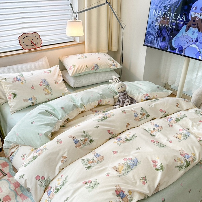 91家纺网 家纺一手货源 找家纺 （买家秀爆款花型长期款不断货）A类母婴级13372纯棉四件套40支全棉四件套学生三件套宿舍萌趣卡通 逃家小兔