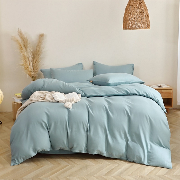 91家纺网 家纺一手货源 找家纺 晶缦家纺 2025新款纯棉纯色全棉双层纱四件套 觅琳-桃青蓝