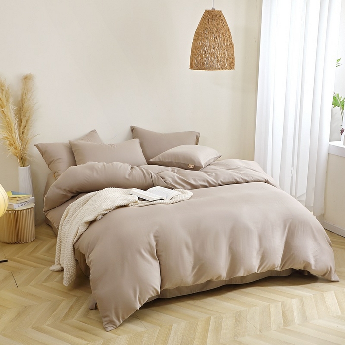 91家纺网 家纺一手货源 找家纺 晶缦家纺 2025新款纯棉纯色全棉双层纱四件套 觅琳-浅卡其