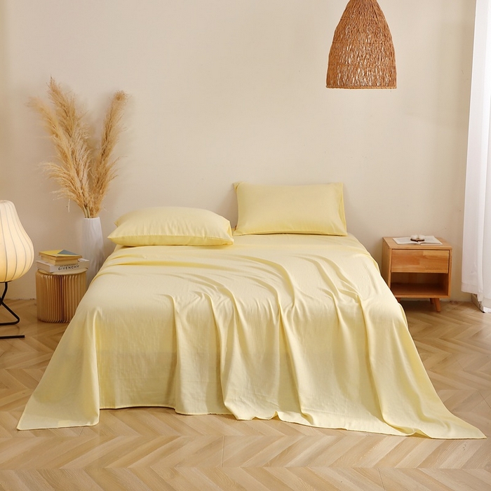 91家纺网 家纺一手货源 找家纺 晶缦家纺 2025新款纯棉纯色全棉双层纱系列单床单 觅琳-浅蜜黄