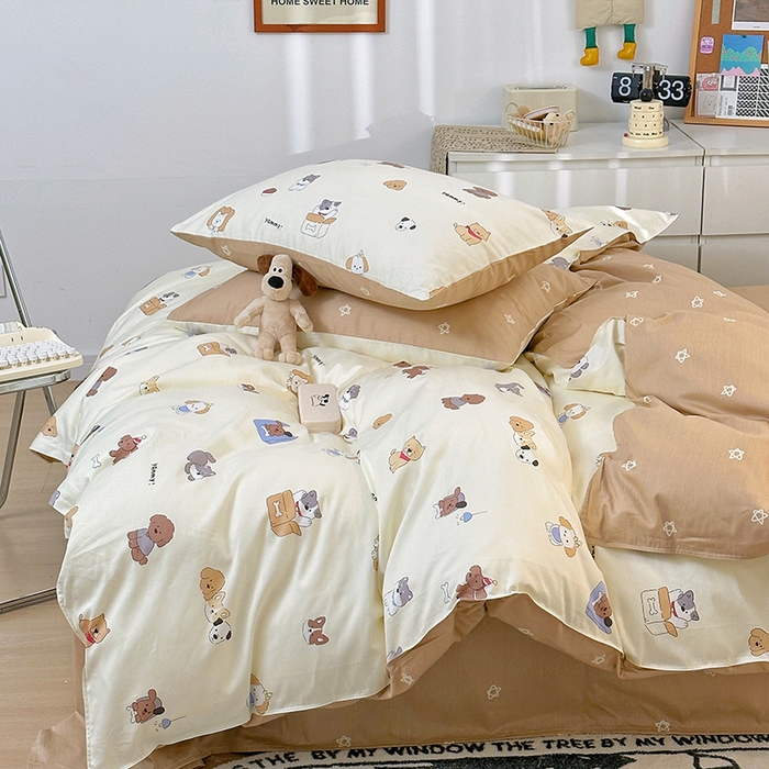 91家纺网 家纺一手货源 找家纺 （买家秀爆款花型长期款不断货）A类母婴级13372纯棉四件套40支全棉四件套学生三件套宿舍萌趣卡通 三只小狗