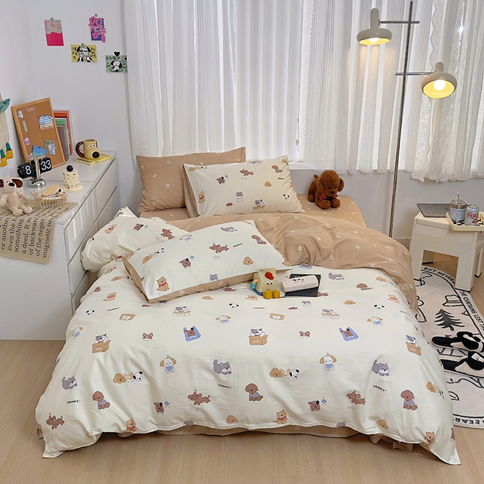 91家纺网 家纺一手货源 找家纺 （买家秀爆款花型长期款不断货）A类母婴级13372纯棉四件套40支全棉四件套学生三件套宿舍萌趣卡通 三只小狗