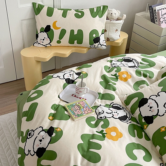 91家纺网 家纺一手货源 找家纺 （买家秀爆款花型长期款不断货）A类母婴级13372纯棉四件套40支全棉四件套学生三件套宿舍萌趣卡通 屁屁狗