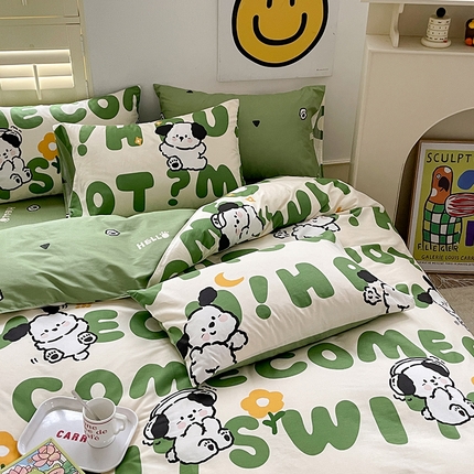 91家纺网 家纺一手货源 找家纺 （买家秀爆款花型长期款不断货）A类母婴级13372纯棉四件套40支全棉四件套学生三件套宿舍萌趣卡通 屁屁狗