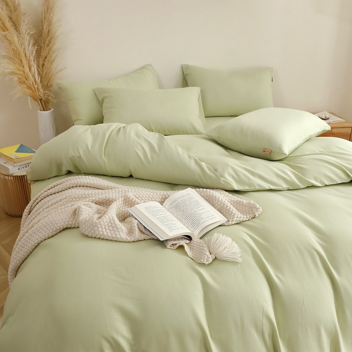 91家纺网 家纺一手货源 找家纺 晶缦家纺 2025新款纯棉纯色全棉双层纱四件套 觅琳-浅春绿