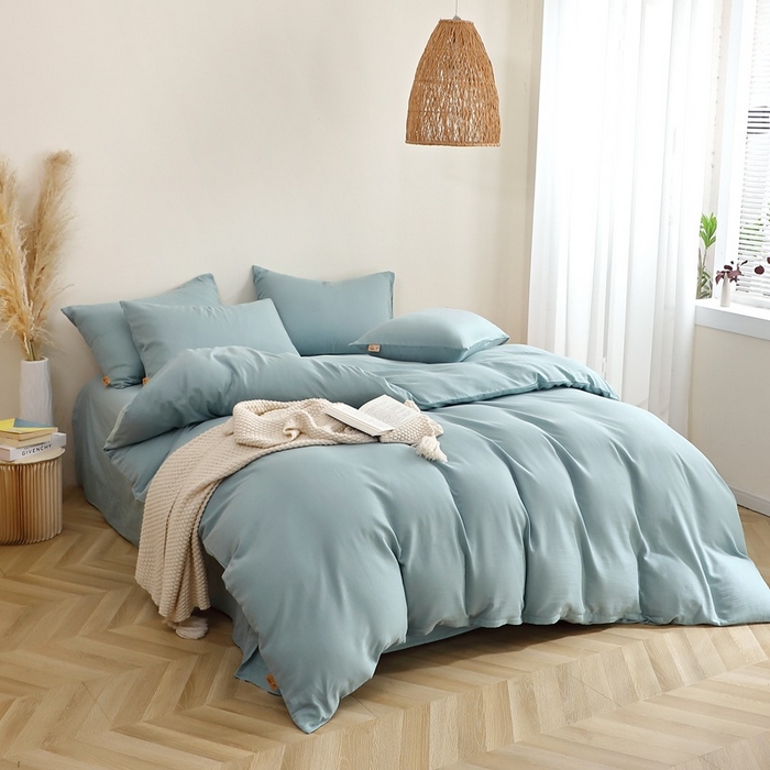 91家纺网 家纺一手货源 找家纺 晶缦家纺 2025新款纯棉纯色全棉双层纱四件套 觅琳-桃青蓝