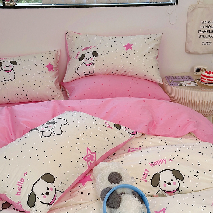 91家纺网 家纺一手货源 找家纺 （买家秀爆款花型长期款不断货）A类母婴级13372纯棉四件套40支全棉四件套学生三件套宿舍萌趣卡通 布丁狗