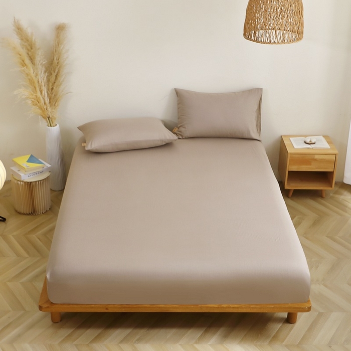 91家纺网 家纺一手货源 找家纺 晶缦家纺 2025新款纯棉纯色全棉双层纱系列单床笠 觅琳-浅卡其