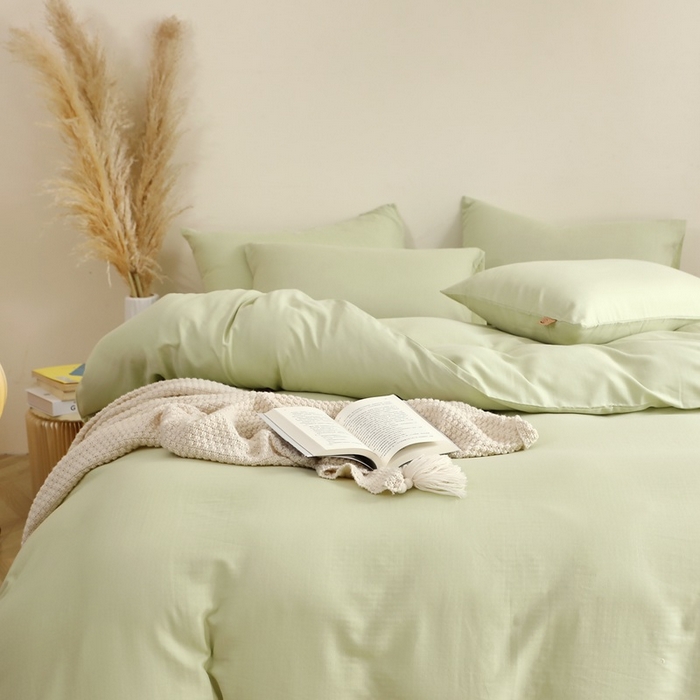 91家纺网 家纺一手货源 找家纺 晶缦家纺 2025新款纯棉纯色全棉双层纱四件套 觅琳-浅春绿