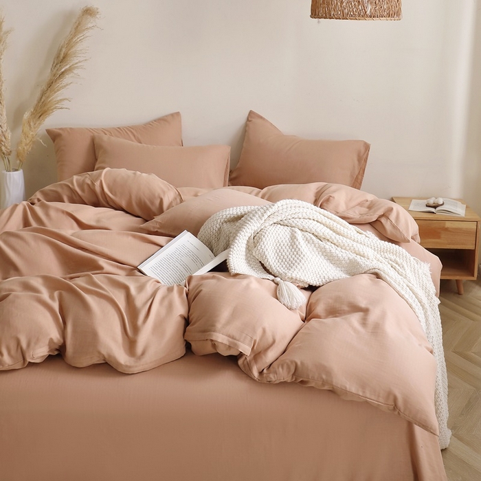 91家纺网 家纺一手货源 找家纺 晶缦家纺 2025新款纯棉纯色全棉双层纱四件套 觅琳-朱颜酡