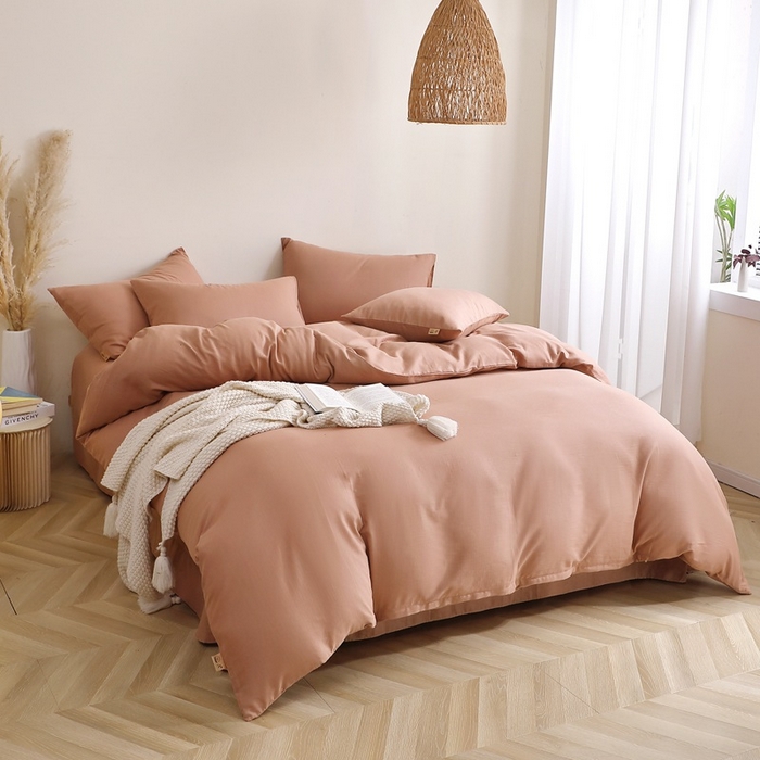 91家纺网 家纺一手货源 找家纺 晶缦家纺 2025新款纯棉纯色全棉双层纱四件套 觅琳-赭石棕