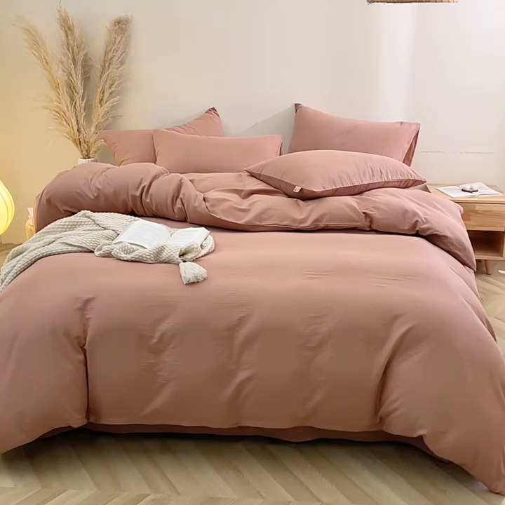 91家纺网 家纺一手货源 找家纺 晶缦家纺 2025新款纯棉纯色全棉双层纱四件套 觅琳-赭石棕