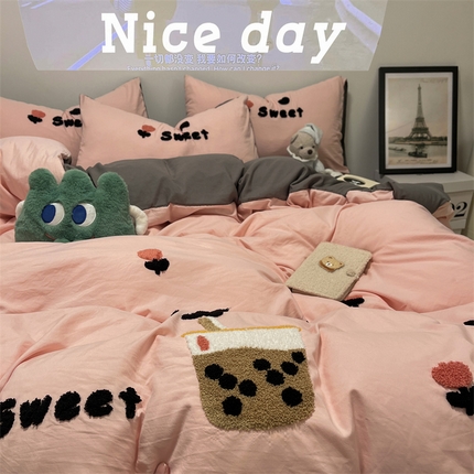 91家纺网 家纺一手货源 找家纺 （总）（买家秀 爆款花型长期款不断货）A类ins风水洗棉四件套水洗棉毛巾绣四件套水洗棉床笠四件套绣花四件套