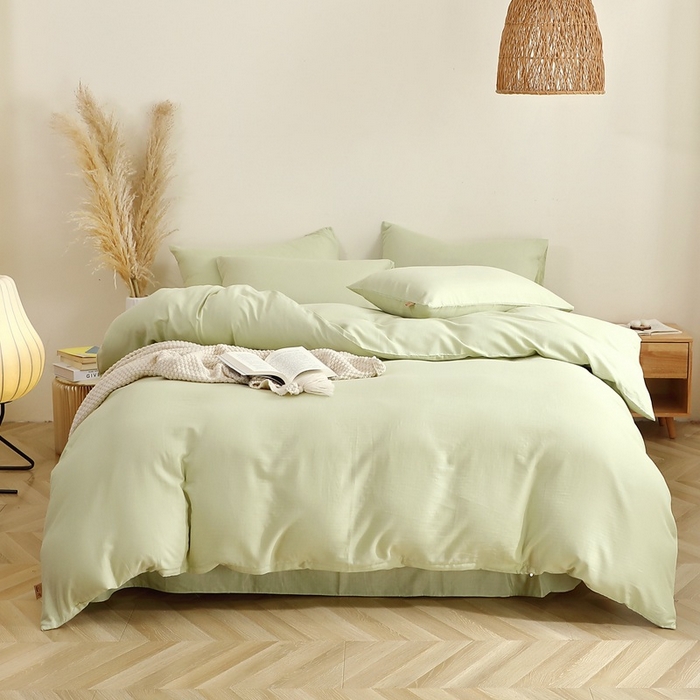 91家纺网 家纺一手货源 找家纺 晶缦家纺 2025新款纯棉纯色全棉双层纱四件套 觅琳-浅春绿