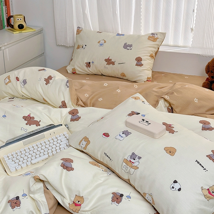 91家纺网 家纺一手货源 找家纺 （买家秀爆款花型长期款不断货）A类母婴级13372纯棉四件套40支全棉四件套学生三件套宿舍萌趣卡通 三只小狗