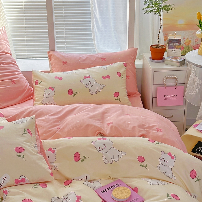 91家纺网 家纺一手货源 找家纺 （买家秀爆款花型长期款不断货）A类母婴级13372纯棉四件套40支全棉四件套学生三件套宿舍萌趣卡通 公主小猫