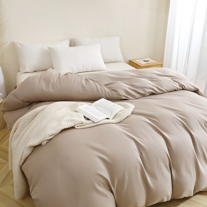 91家纺网 家纺一手货源 找家纺 晶缦家纺 2025新款纯棉纯色全棉双层纱系列单被套 觅琳-浅卡其