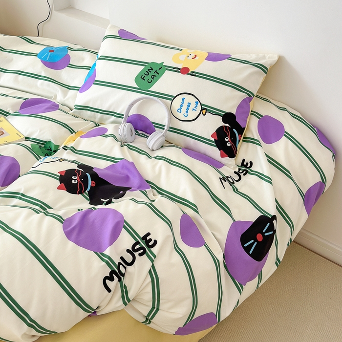 91家纺网 家纺一手货源 找家纺 （买家秀爆款花型长期款不断货）A类母婴级13372纯棉四件套40支全棉四件套学生三件套宿舍萌趣卡通 猫和老鼠