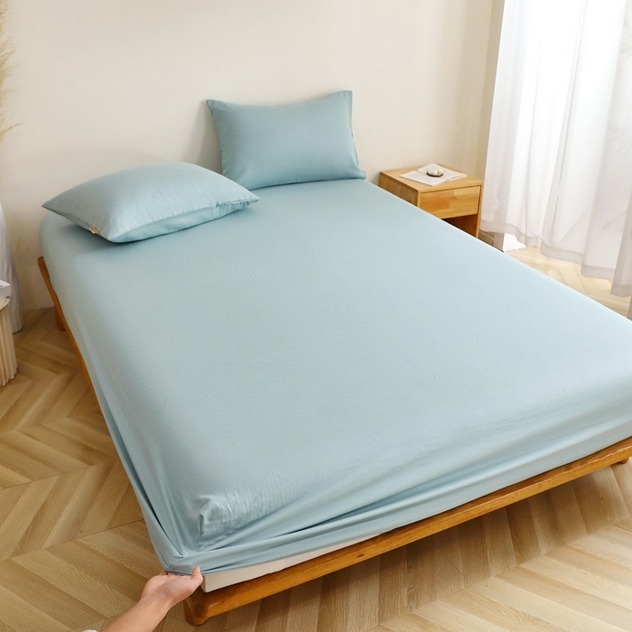 91家纺网 家纺一手货源 找家纺 晶缦家纺 2025新款纯棉纯色全棉双层纱系列单床笠 觅琳-桃青蓝