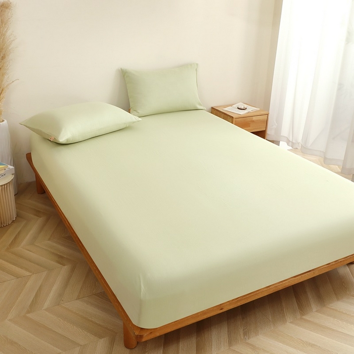 91家纺网 家纺一手货源 找家纺 晶缦家纺 2025新款纯棉纯色全棉双层纱系列单床笠 觅琳-浅春绿