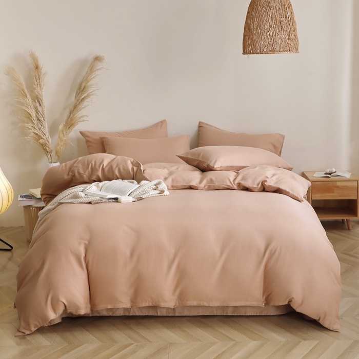 91家纺网 家纺一手货源 找家纺 晶缦家纺 2025新款纯棉纯色全棉双层纱四件套 觅琳-朱颜酡