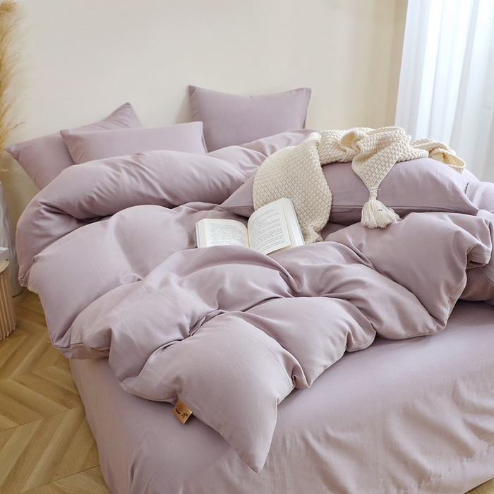 91家纺网 家纺一手货源 找家纺 晶缦家纺 2025新款纯棉纯色全棉双层纱四件套 觅琳-浅藤紫