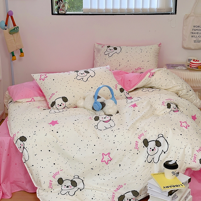 91家纺网 家纺一手货源 找家纺 （买家秀爆款花型长期款不断货）A类母婴级13372纯棉四件套40支全棉四件套学生三件套宿舍萌趣卡通 布丁狗