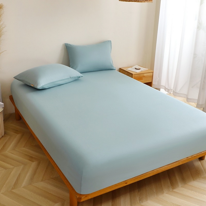 91家纺网 家纺一手货源 找家纺 晶缦家纺 2025新款纯棉纯色全棉双层纱系列单床笠 觅琳-桃青蓝