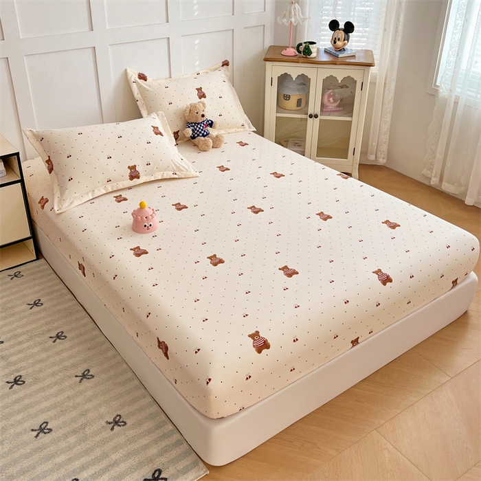 91家纺网 家纺一手货源 找家纺 梦舒羽 2025新款针织棉双层纱双层纱床笠罩全包席梦思床垫保护罩 童话小熊