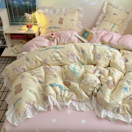 91家纺网 家纺一手货源 找家纺 （总）六巷胡同 2025新款韩式INS减龄花边款全棉卡通四件套第二系