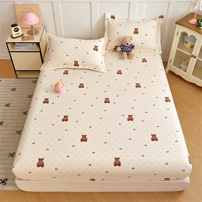 91家纺网 家纺一手货源 找家纺 梦舒羽 2025新款针织棉双层纱双层纱床笠罩全包席梦思床垫保护罩 童话小熊