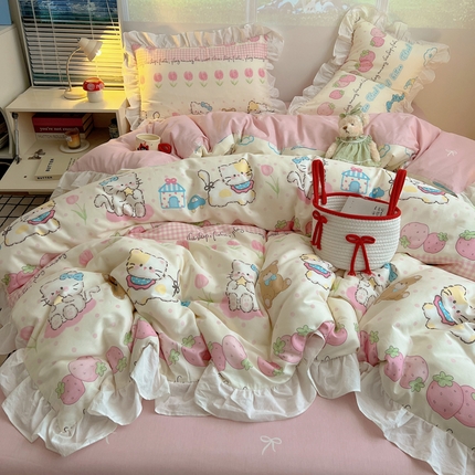 91家纺网 家纺一手货源 找家纺 （总）六巷胡同 2025新款韩式INS减龄花边款全棉卡通四件套第二系