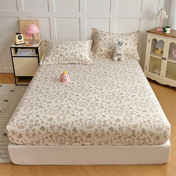 91家纺网 家纺一手货源 找家纺 梦舒羽 2025新款针织棉双层纱双层纱床笠罩全包席梦思床垫保护罩 森林小鹿