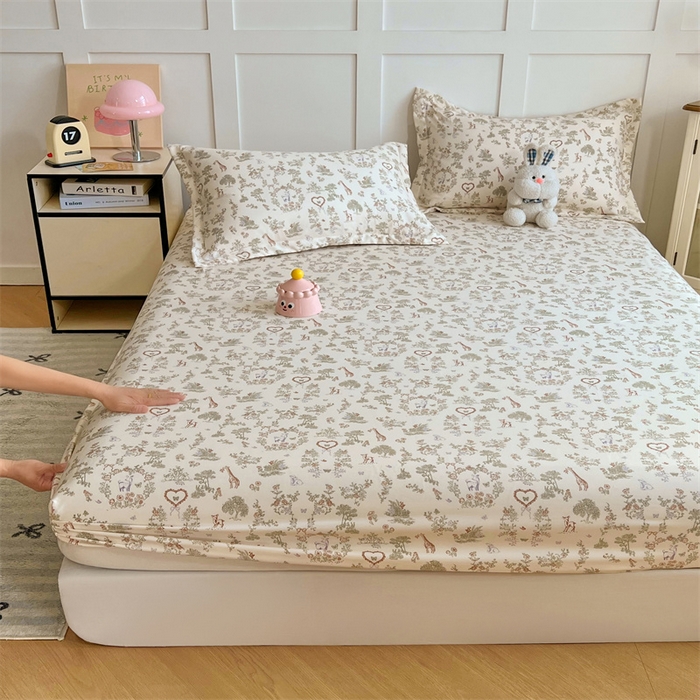 91家纺网 家纺一手货源 找家纺 梦舒羽 2025新款针织棉双层纱双层纱床笠罩全包席梦思床垫保护罩 森林小鹿