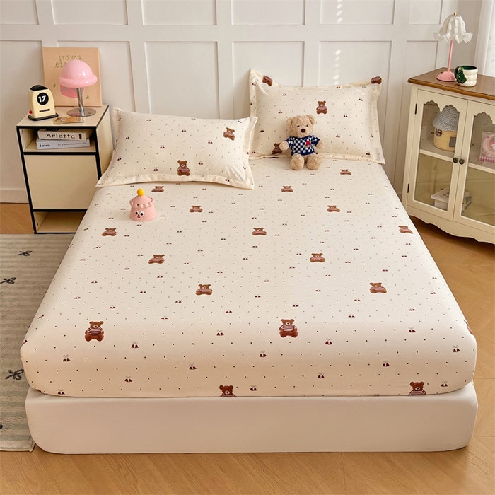 91家纺网 家纺一手货源 找家纺 梦舒羽 2025新款针织棉双层纱双层纱床笠罩全包席梦思床垫保护罩 童话小熊