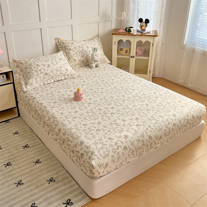 91家纺网 家纺一手货源 找家纺 梦舒羽 2025新款针织棉双层纱双层纱床笠罩全包席梦思床垫保护罩 森林小鹿