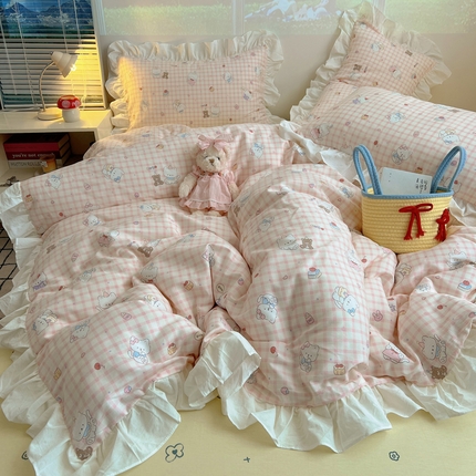 91家纺网 家纺一手货源 找家纺 （总）六巷胡同 2025新款韩式INS减龄花边款全棉卡通四件套第二系