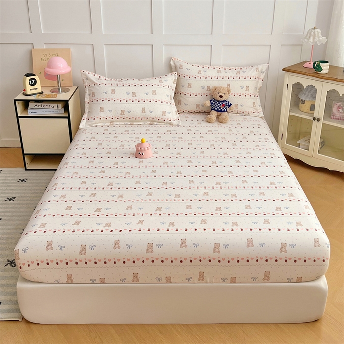 91家纺网 家纺一手货源 找家纺 梦舒羽 2025新款针织棉双层纱双层纱床笠罩全包席梦思床垫保护罩 草莓熊宝