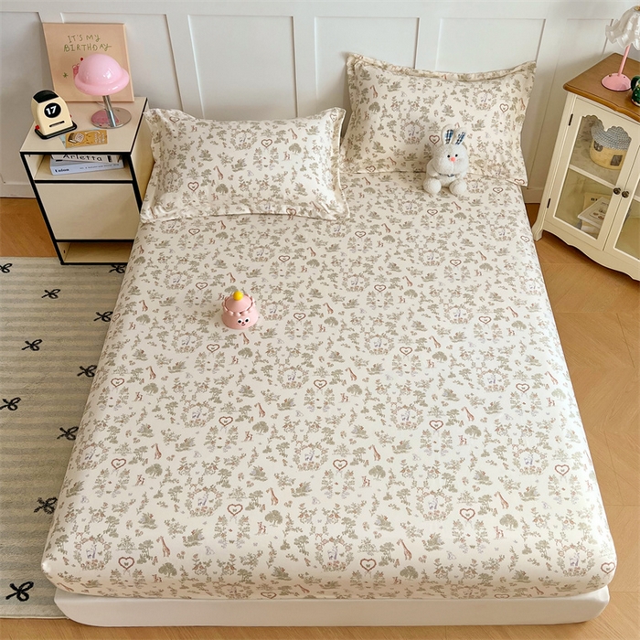 91家纺网 家纺一手货源 找家纺 梦舒羽 2025新款针织棉双层纱双层纱床笠罩全包席梦思床垫保护罩 森林小鹿