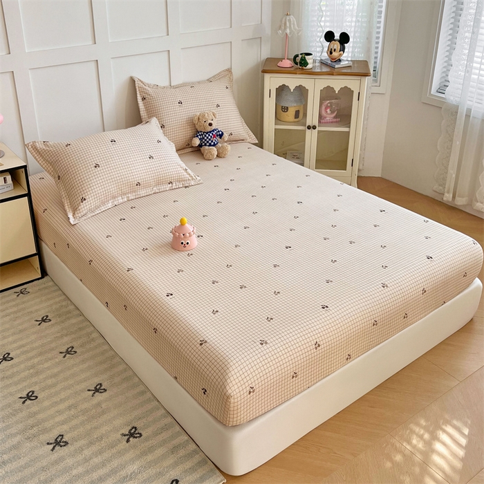 91家纺网 家纺一手货源 找家纺 梦舒羽 2025新款针织棉双层纱双层纱床笠罩全包席梦思床垫保护罩 樱桃小熊