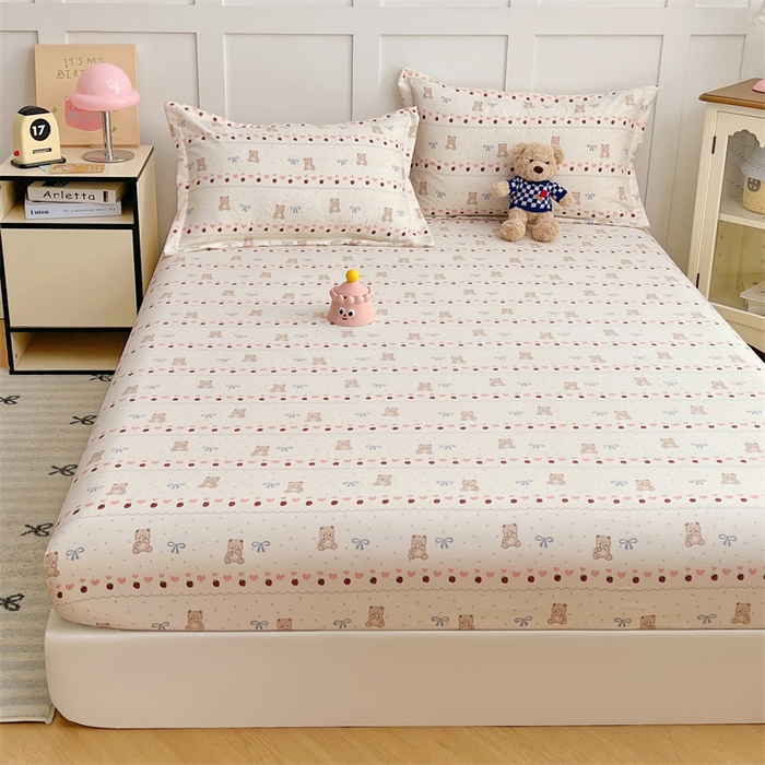 91家纺网 家纺一手货源 找家纺 梦舒羽 2025新款针织棉双层纱双层纱床笠罩全包席梦思床垫保护罩 草莓熊宝