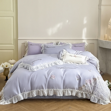 七七家纺 2025新款冰丝刺绣款四件套幽兰系列 幽兰灰