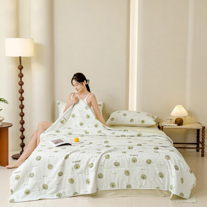 91家纺网 家纺一手货源 找家纺 仁凯家纺 2025新款针织棉双层纱棉花夏凉被【百分百新疆棉花填充包检测（提供买家秀）】 倾心南瓜