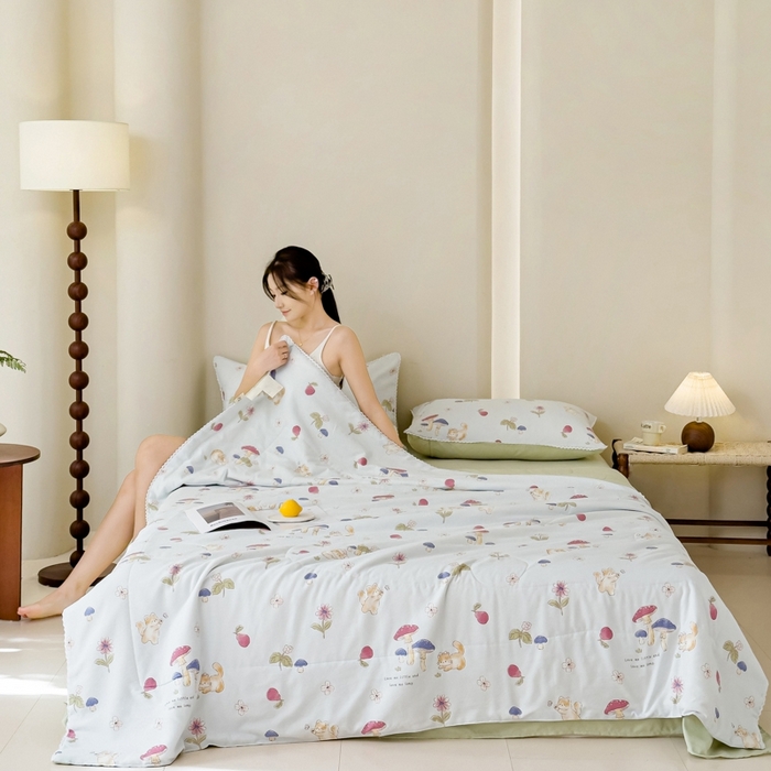 91家纺网 家纺一手货源 找家纺 仁凯家纺 2025新款针织棉双层纱棉花夏凉被【百分百新疆棉花填充包检测（提供买家秀）】 蘑菇森林