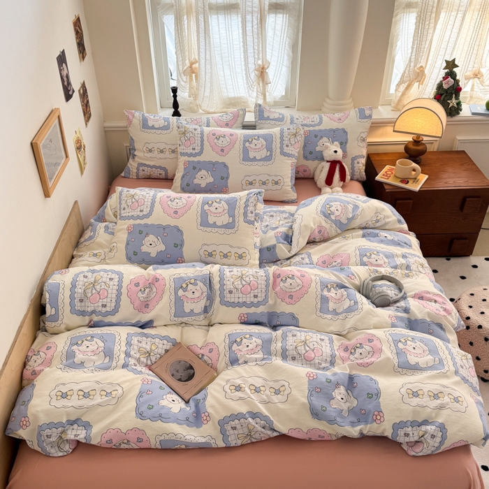 91家纺网 家纺一手货源 找家纺 晚爱家纺2025新款ins风卡通小清新超柔裸睡水洗棉四件套学生宿舍三件套 爱心小狗