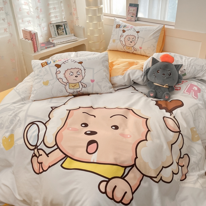 91家纺网 家纺一手货源 找家纺 金爱家 2025新款喜洋洋纯棉数码印花系列四件套 思考羊